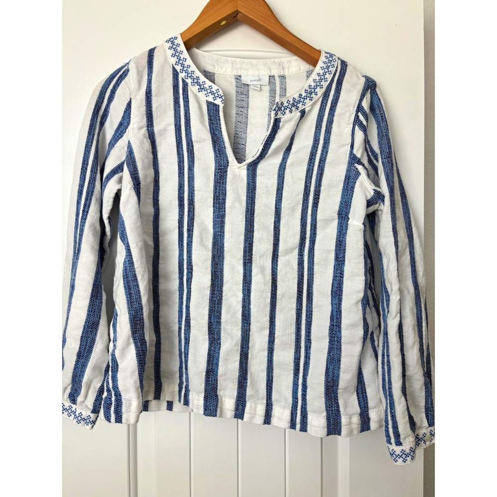 purejill Women's Petite small Striped Embroidered V-Neck Blouse cottagecore boho